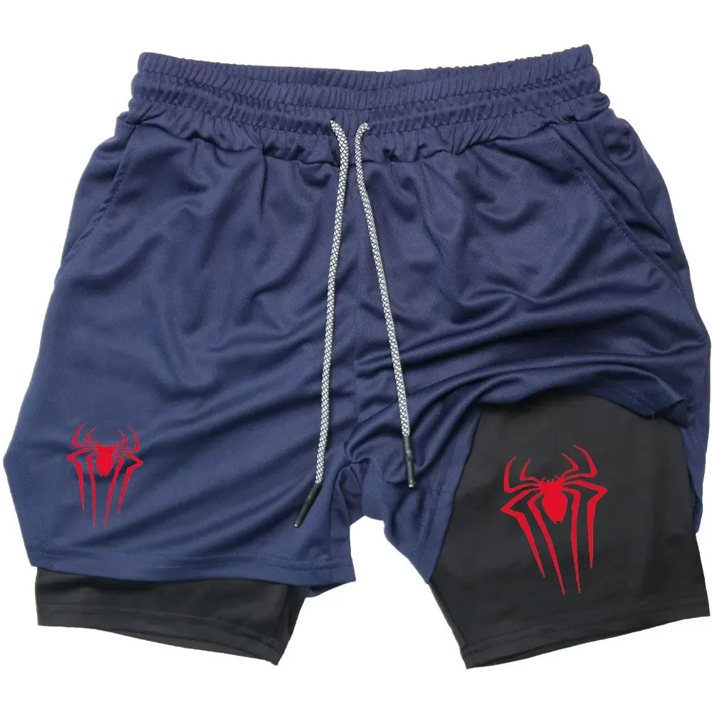 Y2K Performance Shorts Men Spider Printed GYM Casual Sports Compression Shorts Workout Running Mesh 2 In 1 Sport Short Pants