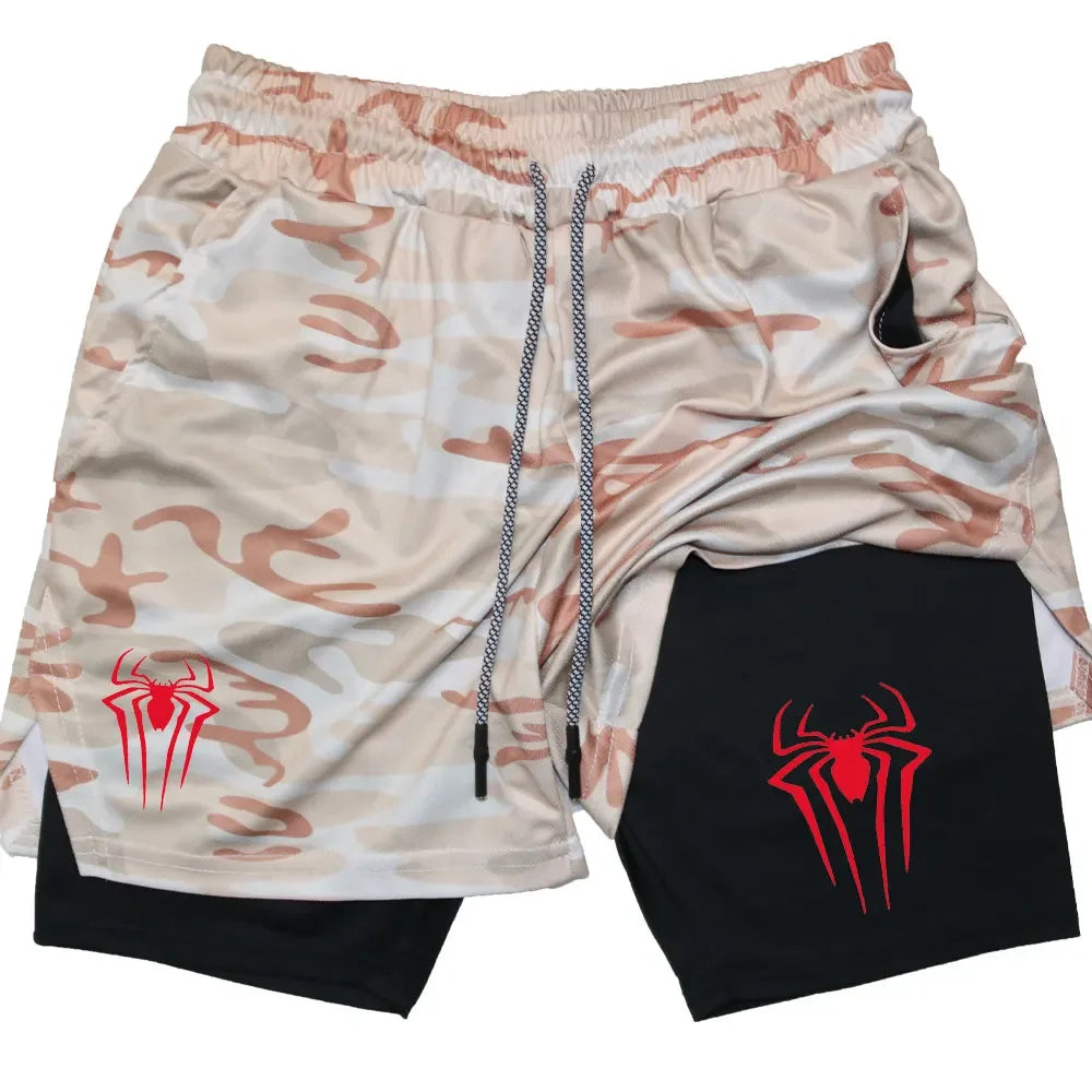 Y2K Performance Shorts Men Spider Printed GYM Casual Sports Compression Shorts Workout Running Mesh 2 In 1 Sport Short Pants