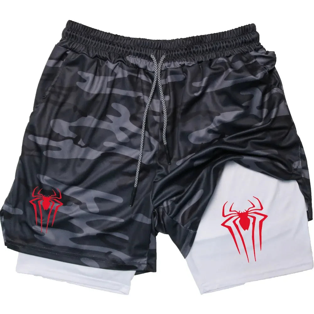 Y2K Performance Shorts Men Spider Printed GYM Casual Sports Compression Shorts Workout Running Mesh 2 In 1 Sport Short Pants