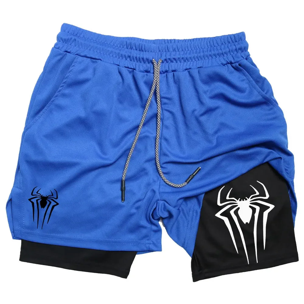 Y2K Performance Shorts Men Spider Printed GYM Casual Sports Compression Shorts Workout Running Mesh 2 In 1 Sport Short Pants