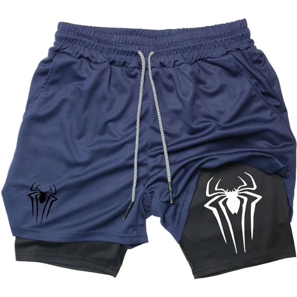 Y2K Performance Shorts Men Spider Printed GYM Casual Sports Compression Shorts Workout Running Mesh 2 In 1 Sport Short Pants