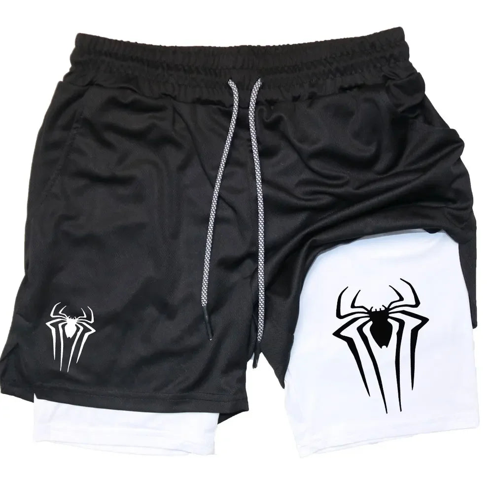 Y2K Performance Shorts Men Spider Printed GYM Casual Sports Compression Shorts Workout Running Mesh 2 In 1 Sport Short Pants