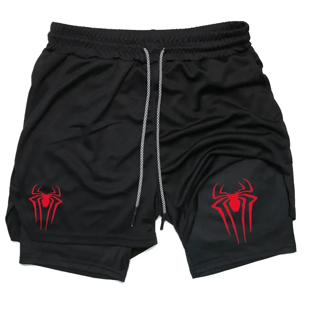 Y2K Performance Shorts Men Spider Printed GYM Casual Sports Compression Shorts Workout Running Mesh 2 In 1 Sport Short Pants