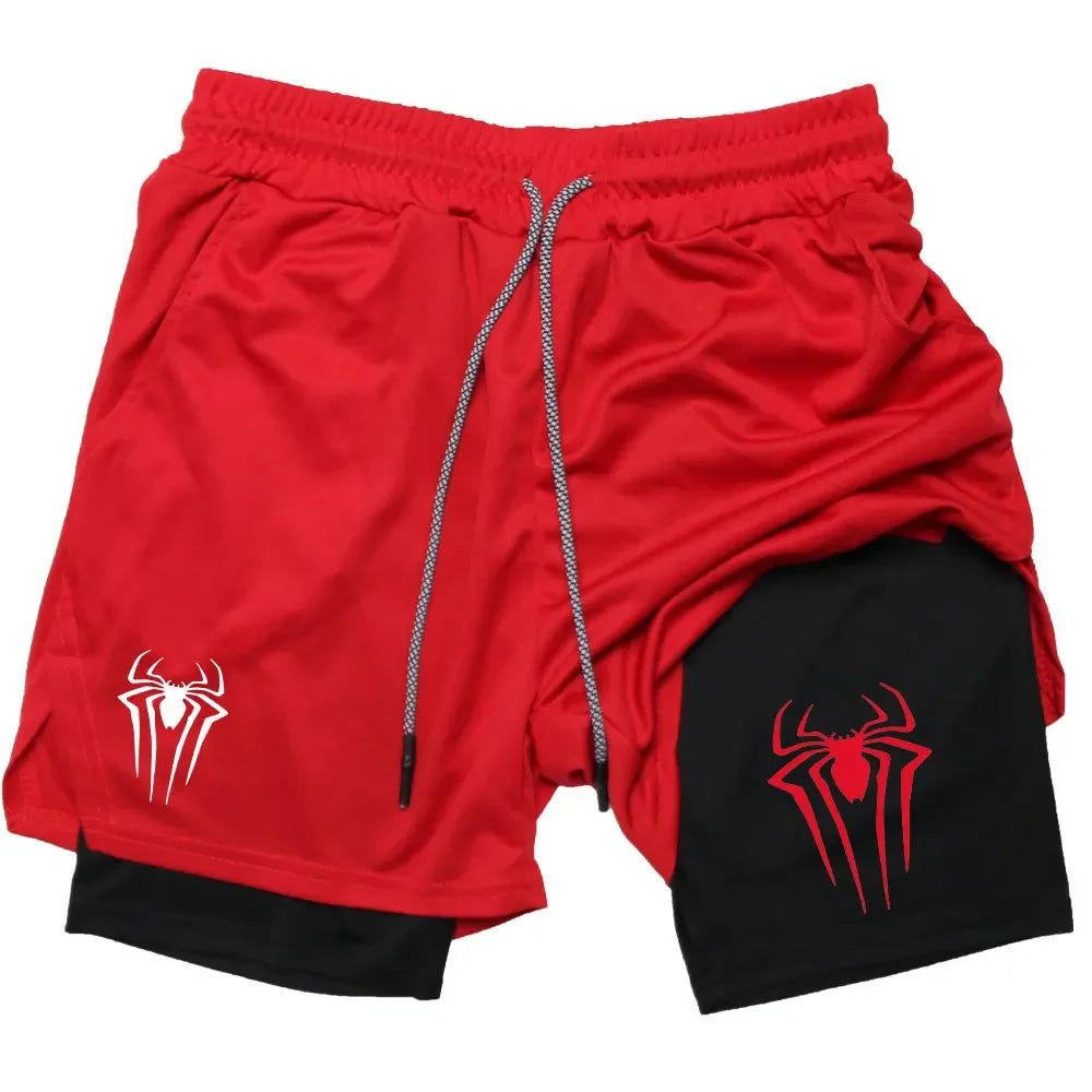 Y2K Performance Shorts Men Spider Printed GYM Casual Sports Compression Shorts Workout Running Mesh 2 In 1 Sport Short Pants