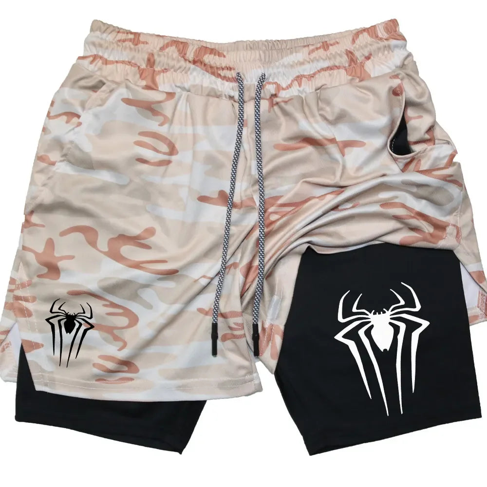 Y2K Performance Shorts Men Spider Printed GYM Casual Sports Compression Shorts Workout Running Mesh 2 In 1 Sport Short Pants